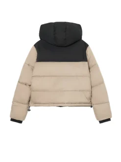 Beżowa kurtka puffer z czarnym karczkiem