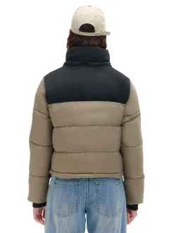 Beżowa kurtka puffer z czarnym karczkiem