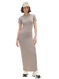 Beżowa sukienka maxi z krótkim rękawem