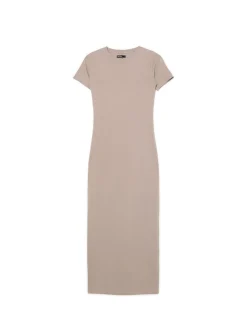 Beżowa sukienka maxi z krótkim rękawem