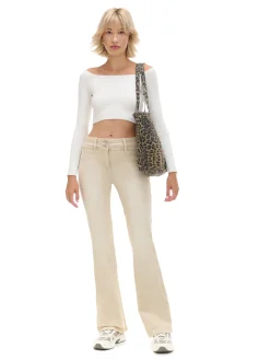 Beżowe spodnie flare z efektem sprania