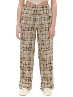 Beżowe spodnie w marmurkową kratę