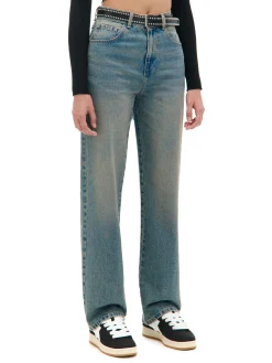 Ciemnoniebieskie jeansy straight z efektem sprania