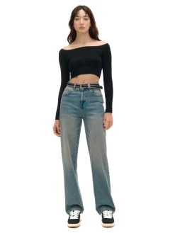 Ciemnoniebieskie jeansy straight z efektem sprania