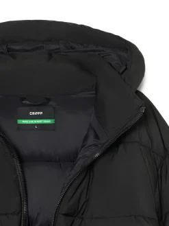 Czarny pikowany płaszcz z kapturem