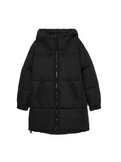 Czarny pikowany płaszcz z kapturem