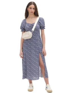 Granatowa sukienka midi w stokrotki