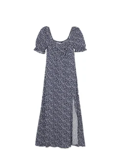 Granatowa sukienka midi w stokrotki
