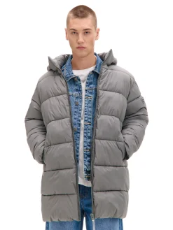 Jasnoszary pikowany płaszcz z kapturem