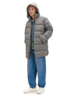 Jasnoszary pikowany płaszcz z kapturem