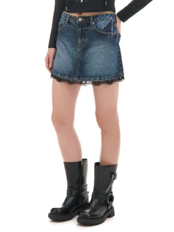 Jeansowa spódnica mini z koronką