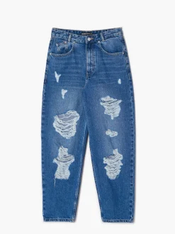 Jeansy barrel z przetarciami