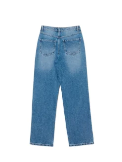 Jeansy straight z efektem sprania