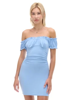 Niebieska sukienka mini z krótkimi rękawkami