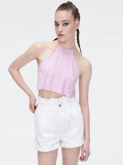 Różowy crop top z ozdobnym wiązaniem
