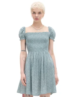 Sukienka mini z bufiastymi rękawami i kwiatowym nadrukiem