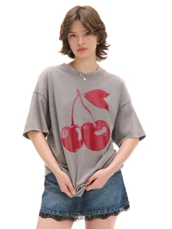 Szary T-shirt oversize z wiśniami