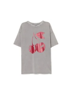 Szary T-shirt oversize z wiśniami
